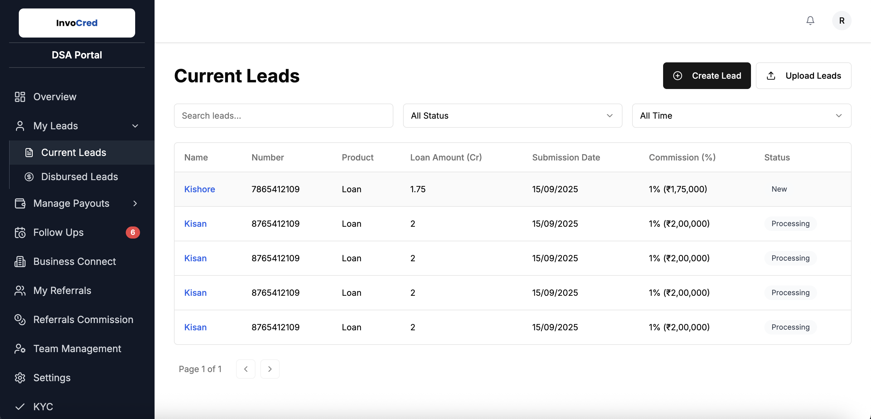 Invocred DSA Portal Dashboard